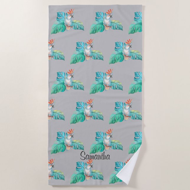 Tropical Cockatoo Parrot Personalized Beach Towel (Front)
