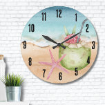 Tropical Cocktail Hour Beach Large Clock<br><div class="desc">A cool watercolor beach theme with shades of pink and teal, setting the vibe for a beach escape. Cute pink starfish and and teal blue and tan beach wave accents, and a green coconut cocktail drink. It's all about those chill tropical beach vibes. Cute Starfish Coconut Cocktail Drink Beach Large...</div>