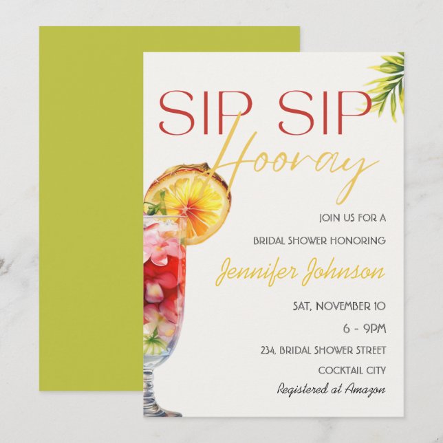 Tropical Cocktail Sip Sip Hooray Bridal Shower Invitation (Front/Back)