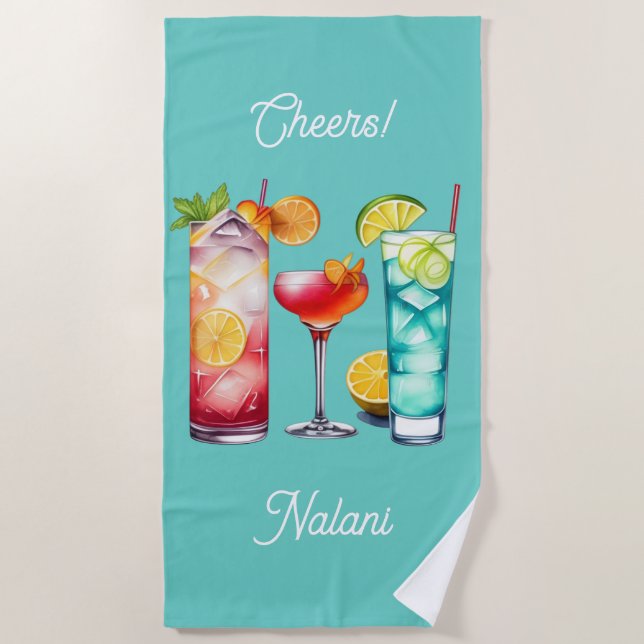 Tropical cocktails custom name beach towel (Front)