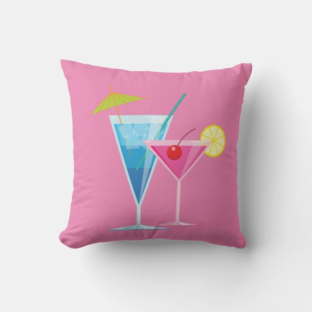 Tropical Cocktails Summer Pillow on Pink (Front)