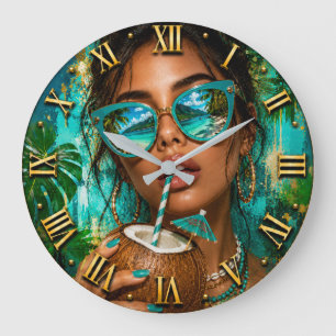 Tropical Coconut Beach Woman Portrait  Large Clock