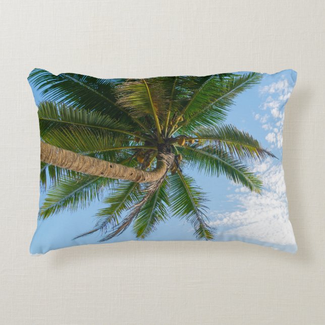 Tropical Coconut Palm Tree Under Blue Sky Accent Pillow (Front)