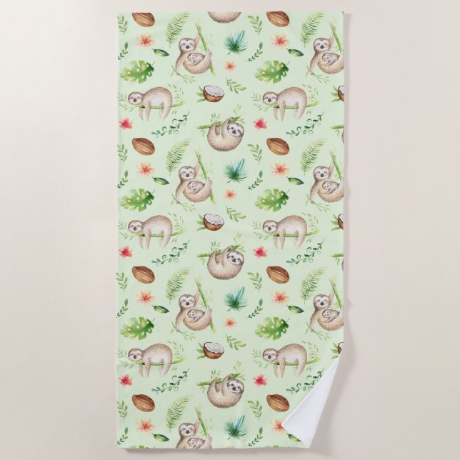 Tropical Coconut Sloth Pattern Beach Towel (Front)