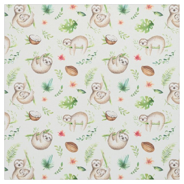 Tropical Coconut Sloth Pattern Fabric (Swatch)