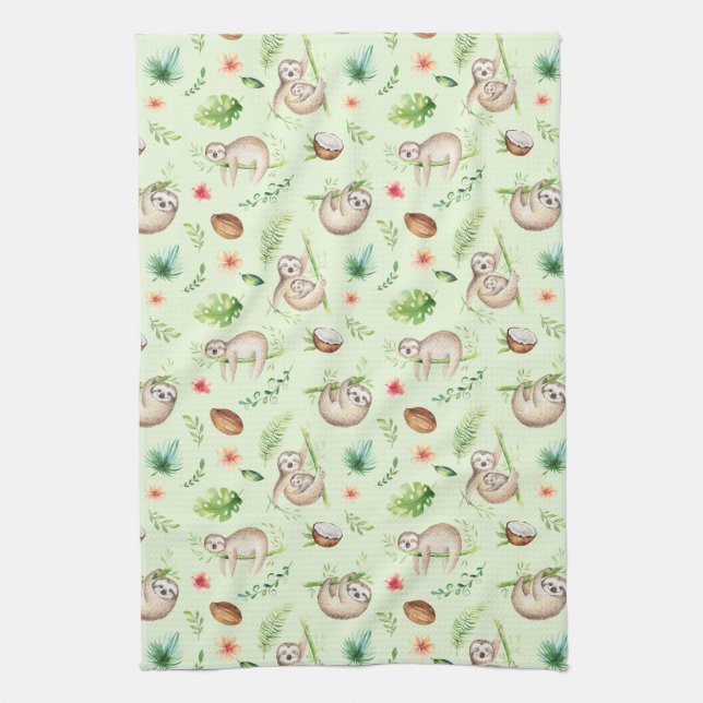 Tropical Coconut Sloth Pattern Kitchen Towel (Vertical)