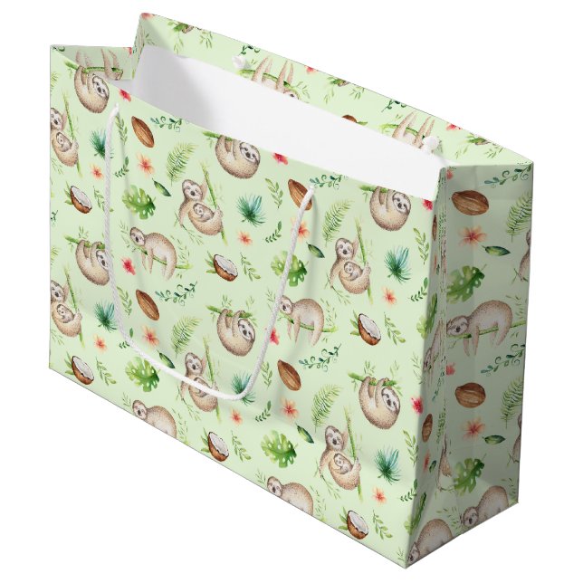 Tropical Coconut Sloth Pattern Large Gift Bag (Front Angled)