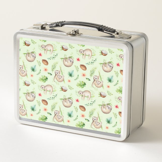 Tropical Coconut Sloth Pattern Metal Lunch Box (Front)
