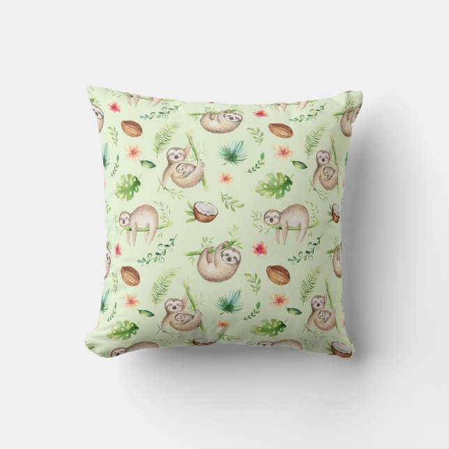 Tropical Coconut Sloth Pattern Throw Pillow (Front)