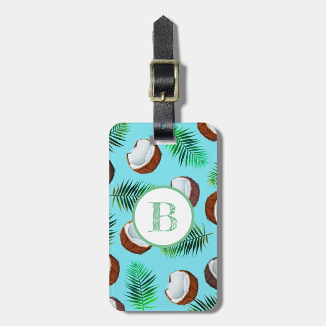Tropical Coconuts & Palm Leaves | Monogram Luggage Tag (Front Vertical)