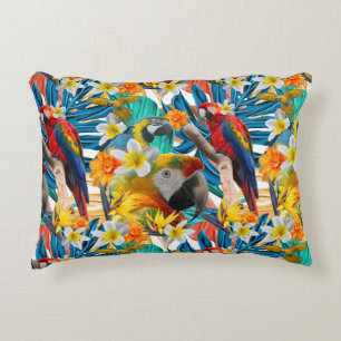 Tropical Collage Parrot Macaw Colourful Botanical Accent Pillow
