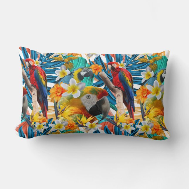 Tropical Collage Parrot Macaw Colourful Botanical Lumbar Pillow (Front)