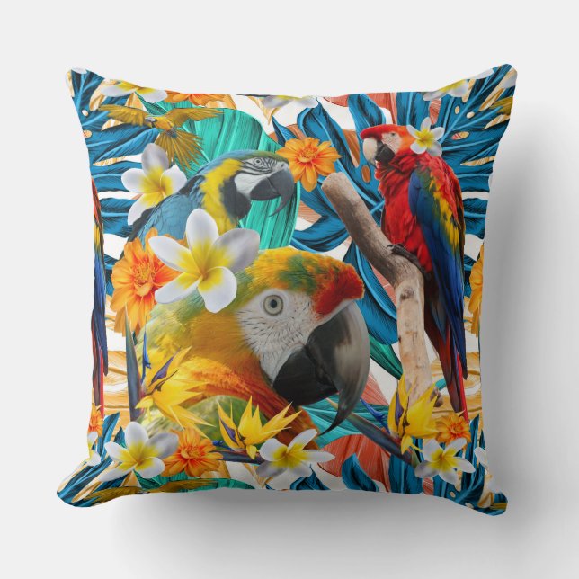 Tropical Collage Parrot Macaw Colourful Botanical Throw Pillow (Front)