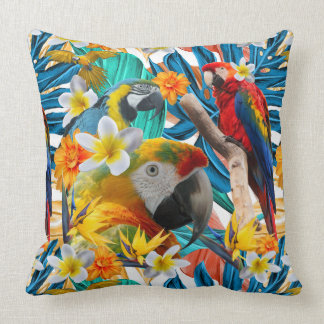 Tropical Collage Parrot Macaw Colourful Botanical Throw Pillow