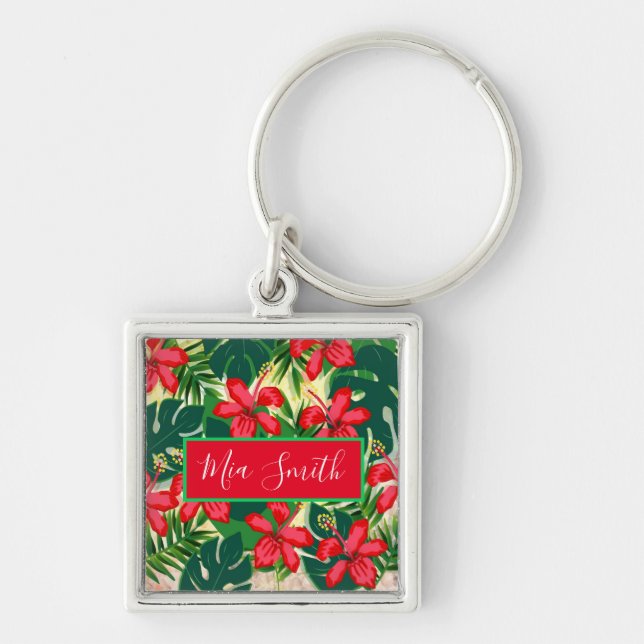 Tropical colorful jungle hibiscus red and green keychain (Front)