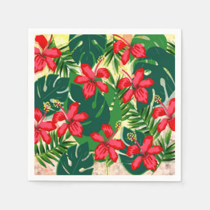 Tropical colorful jungle hibiscus red and green napkin