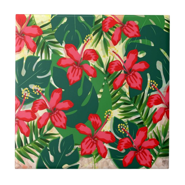 Tropical colorful jungle hibiscus red and green tile (Front)