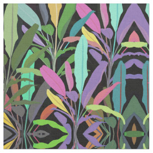 Tropical Colourful Banana Leaves Black Pattern Fabric