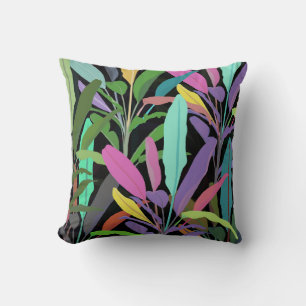 Tropical Colourful Banana Leaves Black Pattern Throw Pillow