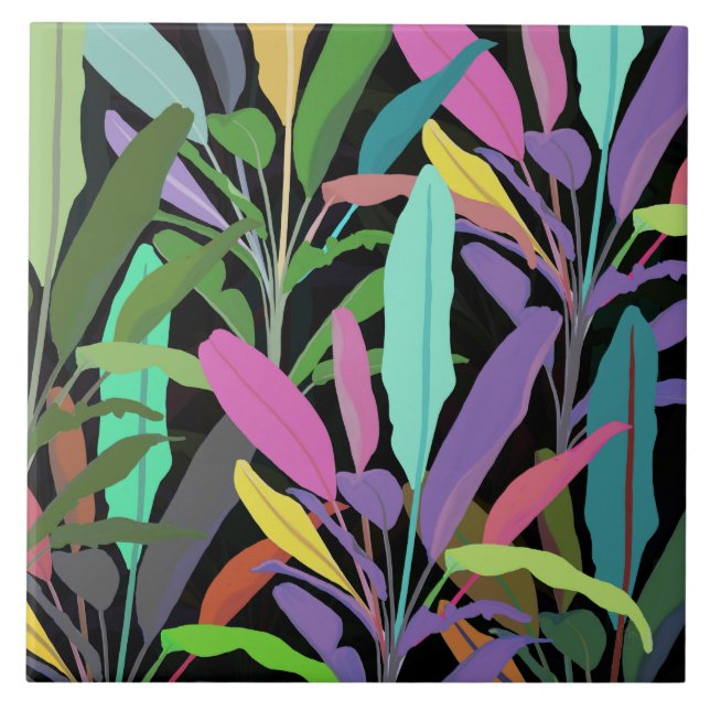 Tropical Colourful Banana Leaves Black Pattern Tile (Front)
