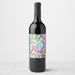 Tropical colourful banana leaves white Pattern Wine Label