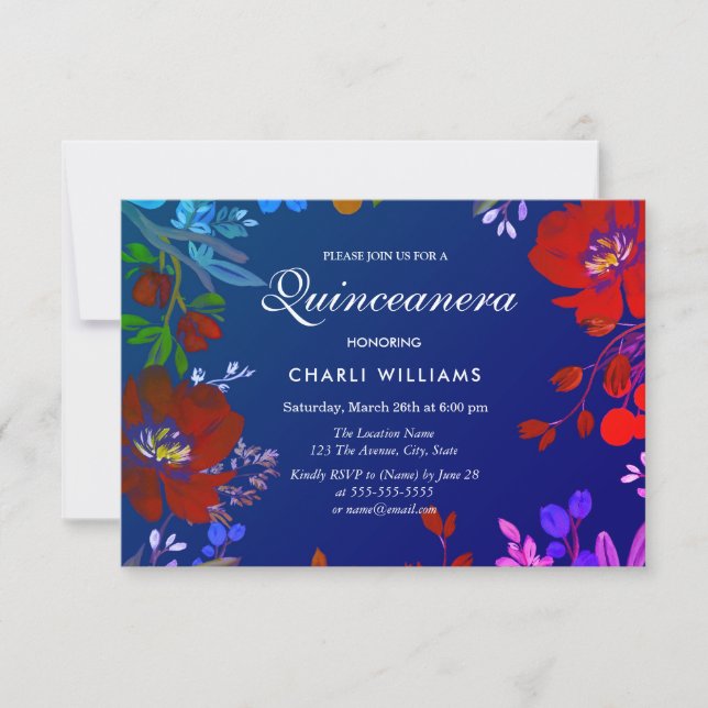 Tropical Colourful Blue Red Quinceanera Invite (Front)