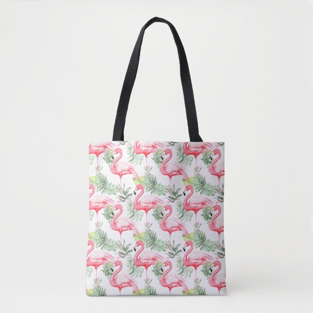 Tropical Colourful Flamingo and Leaves Tote Bag (Front)