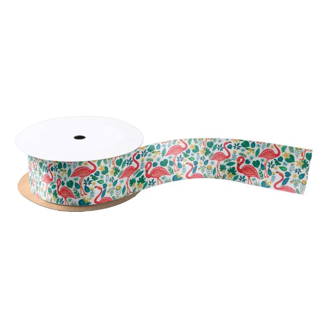Tropical colourful flamingos flowers pattern satin ribbon (Spool)
