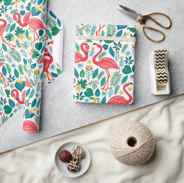 Tropical colourful flamingos flowers pattern wrapping paper (Crafts)