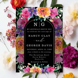 Tropical Colourful Floral Monogram Black Wedding Invitation