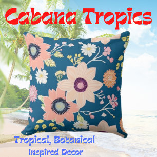 Tropical Colourful Florals Pink, Blue, Blush Throw Pillow