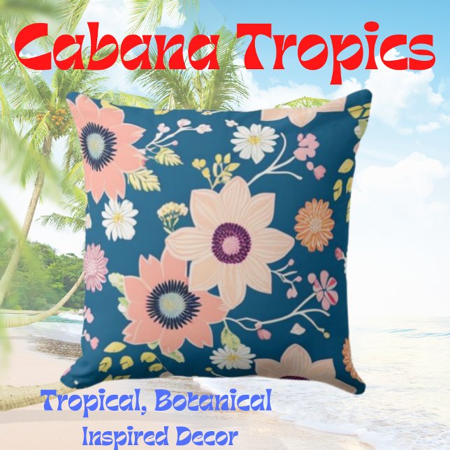 Tropical Colourful Florals Pink, Blue, Blush Throw Pillow (Creator Uploaded)
