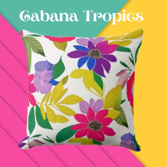 Tropical Colourful Florals Pink, Purple, Yellow Throw Pillow (Creator Uploaded)