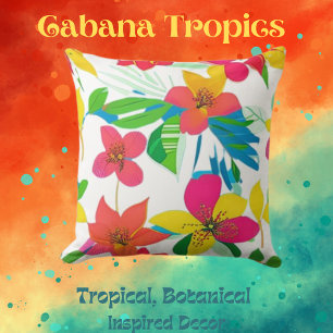 Tropical Colourful Florals Red, Yellow, Teal Throw Pillow