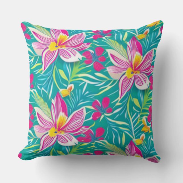Tropical Colourful Florals Teal, Pink, Yellow Throw Pillow (Front)