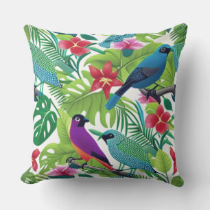 Tropical Colourful Florals with Birds  Throw Pillow