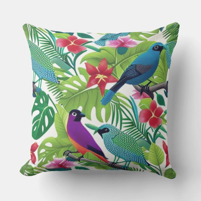 Tropical Colourful Florals with Birds  Throw Pillow (Front)