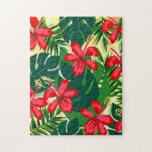 Tropical colourful jungle hibiscus red and green jigsaw puzzle