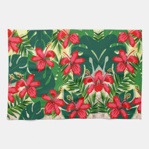 Tropical colourful jungle hibiscus red and green kitchen towel
