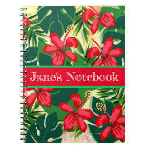 Tropical colourful jungle hibiscus red and green notebook