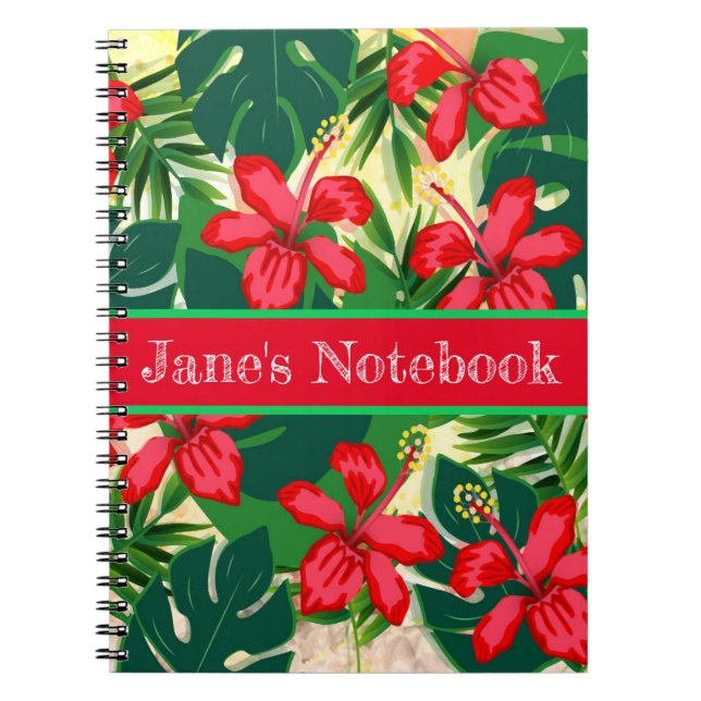 Tropical colourful jungle hibiscus red and green notebook (Front)