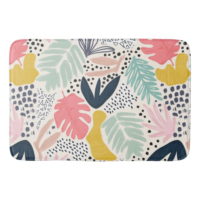 Tropical Colourful Leaf and Flowers Pattern Bath Mat (Front)