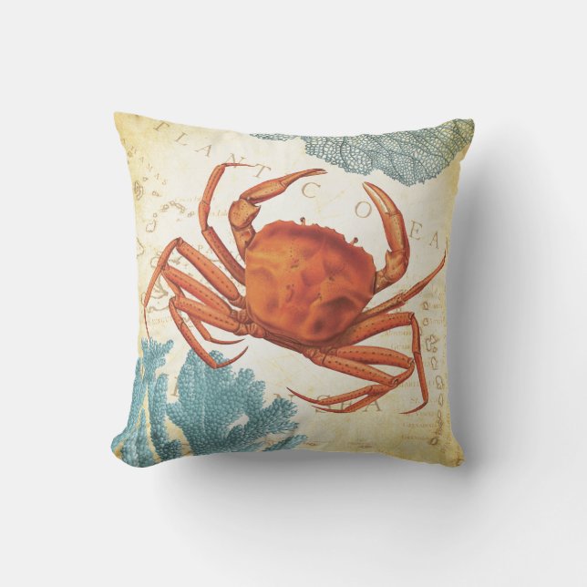 Tropical Colourful Red Crab and Coral Throw Pillow (Front)