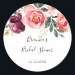 Tropical Colourful Summer Bridal Shower Favour Classic Round Sticker<br><div class="desc">This tropical colourful summer bridal shower favour sticker is perfect for a modern wedding shower. The design features illustrated white,  pink,  blush,  burgundy and purple elegant flowers arranged into beautiful bouquets with green foliage.</div>
