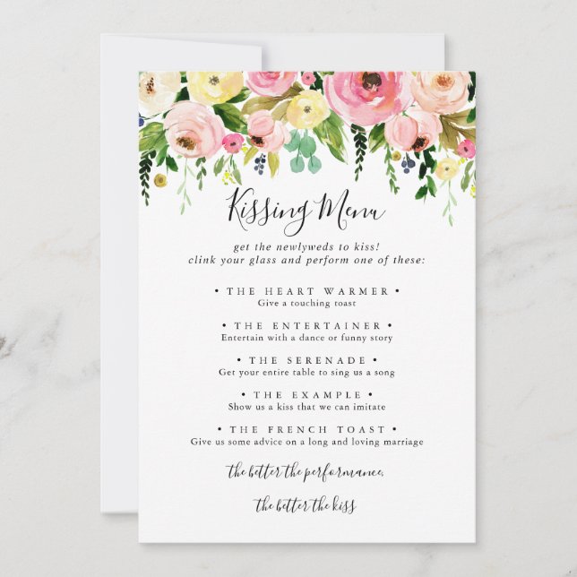 Tropical Colourful Wedding Kissing Menu Game Card (Front)