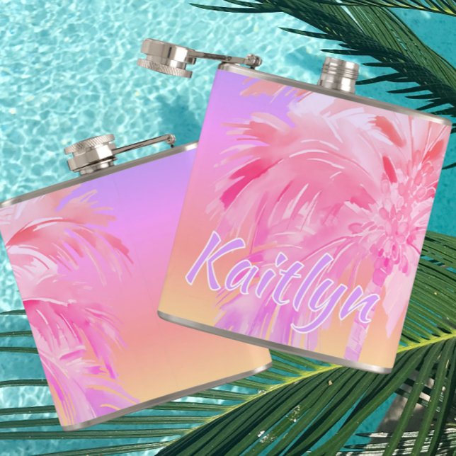 Tropical Colours Aloha Palm Tree Personalized Hip Flask (It’s always 5:00 somewhere!)