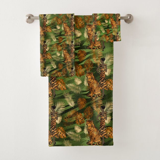 Tropical Copper Green Gold Tiger Lady Bath Towel Set (Insitu)