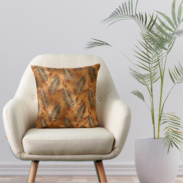 Tropical Copper Grey Palm Leaves Throw Pillow (Creator Uploaded)