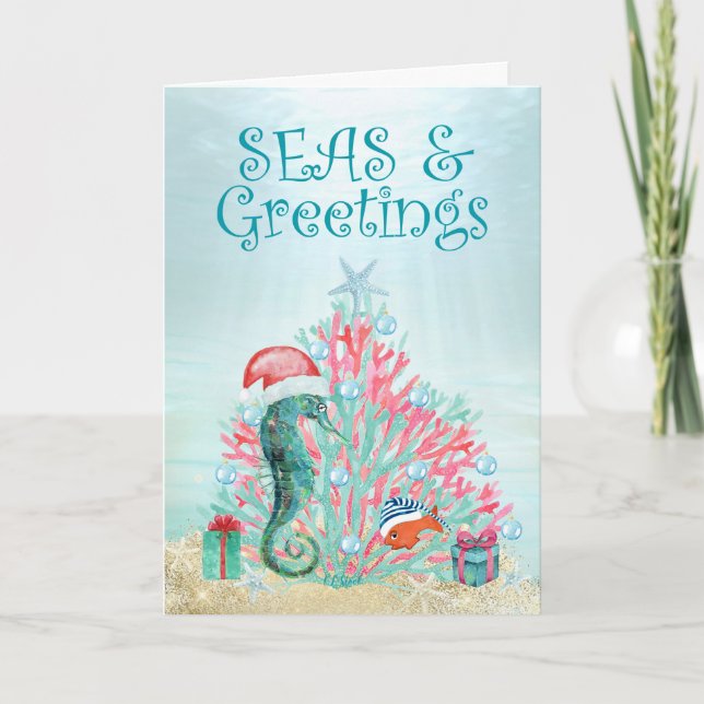 Tropical Coral Christmas Tree Seas and Greetings Holiday Card (Front)