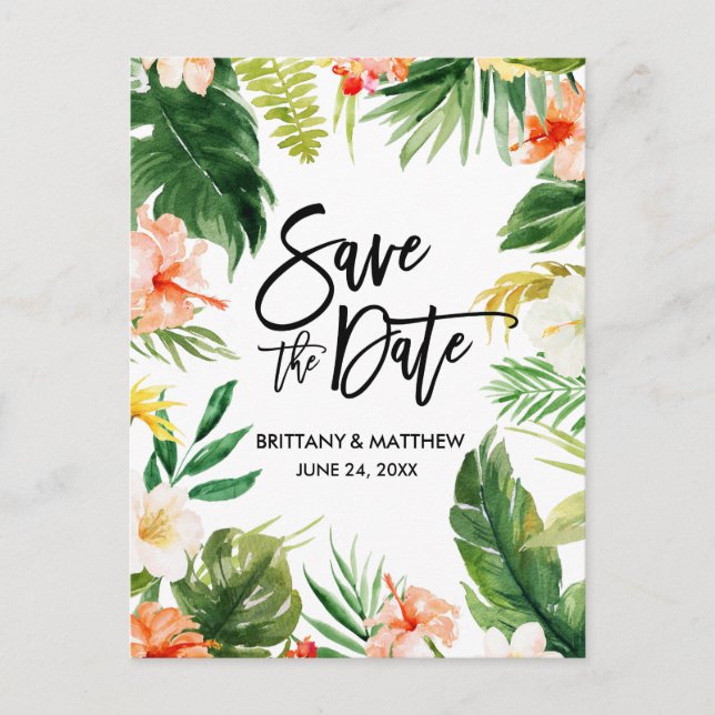 Tropical Coral Floral Brush Script Save the Date Postcard (Front)
